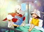  2boys :d artist_name bed book boy_(rakuen) brown_eyes commentary commission english_commentary highres intravenous_drip male_focus multiple_boys open_mouth paper_hat papyrus_(undertale) pillow polaris_(polarissketches) rakuen rakuen_(series) reading red_mittens red_scarf scarf shirt skeleton smile under_covers undertale yellow_shirt 