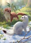  animal animal_focus artist_name blunell_(artist) blurry branch brown_fur commentary_request depth_of_field ermine grass highres nature no_humans original outdoors signature snow watermark weasel white_fur 