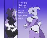  2023 anthro arachnid arthropod asriel_dreemurr_(god_form) big_breasts black_markings black_sclera boss_monster bovid breast_size_difference breasts caprine clothing crossgender dialogue duo english_text fangs female fur gloves handwear horn mammal markings mtf_crossgender muffet multi_arm multi_eye multi_limb open_mouth purple_body robertge spider tail teeth text tongue undertale undertale_(series) white_body white_fur 