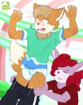  anthro assisted_exposure bottomwear bottomwear_down canid canine clothed clothing diaper embarrassed female fox hi_res luce_bontemps male male/female mall mammal pants pants_down pantsing partially_clothed prank shocked solo startled 