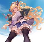  1girl ass_visible_through_thighs blonde_hair blue_bow blue_eyes blue_skirt bow breasts center_opening commentary_request cowboy_shot draph frilled_skirt frills from_behind granblue_fantasy hair_bow hair_intakes hand_on_own_hip highres holding horns jacket large_breasts long_hair looking_down midriff_peek navel open_clothes open_jacket open_mouth pleated_skirt pointy_ears razia skirt solo sweatdrop teeth u_jie upper_teeth_only 
