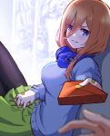  1girl bandaid bandaid_on_hand black_pantyhose blue_eyes blue_sweater blurry blush box breasts bright_pupils brown_hair chocolate closed_mouth commentary_request depth_of_field embarrassed eyes_visible_through_hair frown gift gift_box go-toubun_no_hanayome green_skirt hair_over_one_eye headphones headphones_around_neck hyoe_(hachiechi) incoming_gift large_breasts leaning_back long_hair long_sleeves miniskirt nakano_miku pantyhose pleated_skirt pov pov_hands reaching_towards_viewer school_uniform simple_background sitting skirt solo sweater v-shaped_eyebrows valentine white_background white_pupils 