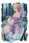  1girl absurdres anila_(granblue_fantasy) anila_(granblue_fantasy)_(cosplay) anila_(yukata)_(granblue_fantasy) ayacho back backless_dress backless_outfit bare_back bare_shoulders blonde_hair blue_eyes blue_ribbon bow braid breasts commission cosplay dress europa_(granblue_fantasy) flower fountain granblue_fantasy hair_flower hair_ornament highres japanese_clothes kimono looking_at_viewer looking_back median_furrow medium_breasts obi off_shoulder open_mouth orange_flower orange_rose partially_submerged print_kimono ribbon rose sash short_hair solo wide_sleeves yukata 