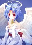  1girl bare_shoulders blue_hair breasts cleavage closed_mouth dress elbow_gloves facial_mark feathered_wings filia_(star_ocean) forehead_jewel forehead_mark gloves halo jewelry looking_at_viewer medium_hair pointy_ears red_eyes simple_background smile solo star_ocean star_ocean_the_second_story wings zinan 