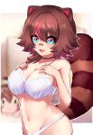  1girl :d animal_ears bandaid bandaid_on_face bandaid_on_nose bare_arms bare_shoulders black_choker blue_eyes border bra breasts brown_hair choker collarbone colored_inner_hair colored_tips commentary fang groin hands_on_own_breasts hands_on_own_chest highres large_breasts letterboxed linea_alba looking_at_viewer multicolored_eyes multicolored_hair navel outside_border owozu panties raccoon_ears raccoon_girl raccoon_tail rakkun_sutaru red_eyes red_hair revision short_hair skin_fang slash-ex smile solo spanish_commentary stomach tail two-tone_hair underwear virtual_youtuber white_border white_bra white_panties 