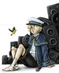  1boy absurdres animal bandage_over_one_eye bandaged_leg bandages bird black_shorts blonde_hair blue_capelet blue_jacket capelet commentary dal_segno_(symbol) english_commentary finch hat highres jacket james_(vocaloid) knees_apart_feet_together knees_up lawlietlk lips long_sleeves looking_at_viewer male_focus microphone musical_note musical_note_print official_art oliver_(vocaloid) one_eye_covered parted_lips peaked_cap shirt shorts sitting speaker too_many vocaloid white_background white_shirt yellow_eyes 