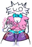  anthro belt blush bodily_fluids bow_tie breast_milking clothing domestic_cat felid feline felis female funnyman2 fur lactating low_res mammal milk owo pink_clothing pink_shirt pink_topwear shirt solo spilled_milk topwear torn_clothing white_body white_fur 