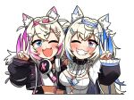  2girls animal_ears black_collar blonde_hair blue_eyes blue_headband collar ddolbang dog_ears dog_girl fake_claws fang fangs fur-trimmed_jacket fur_trim fuwawa_abyssgard hair_ornament hairclip headband headphones headphones_around_neck highres hololive hololive_english jacket looking_at_viewer mococo_abyssgard multicolored_hair multiple_girls one_eye_closed pink_eyes pink_headband short_hair siblings sisters skin_fang smile streaked_hair twins v virtual_youtuber 