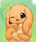  :3 animal_focus blush commentary ears_down eevee fluffy green_background hands_up happy highres ingi light_blush looking_at_viewer neck_fur no_humans notice_lines one_eye_closed open_mouth pokemon pokemon_(creature) purple_eyes simple_background sketch smile solo translated upper_body 
