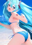  1girl arm_tattoo ass bare_arms bare_shoulders beach bikini blue_bikini blue_eyes blue_hair blue_nails blue_sky blush breasts cloud commentary day fingernails good_ass_day hair_between_eyes hair_ornament hatsune_miku highres horizon long_hair looking_at_viewer medium_breasts nail_polish number_tattoo ocean open_mouth outdoors running shore side-tie_bikini_bottom sky solo swimsuit takepon1123 tattoo twintails very_long_hair vocaloid water 