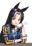  1girl animal_ears black_hair blue_bow blue_bowtie bow bowtie commentary cross_ornament ear_bow elbow_on_table fukuro_(maruaru00) genderswap genderswap_(mtf) gloves grey_hair hair_intakes hand_on_own_arm hand_on_own_cheek hand_on_own_face head_rest highres horse_ears horse_girl long_hair long_sleeves mesugaki open_mouth original personification purple_bow purple_eyes sailor_collar sidelocks simple_background solo speech_bubble stay_gold_(racehorse) teeth umamusume upper_body upper_teeth_only white_background white_gloves white_sailor_collar 