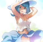  1girl :d aqua_eyes arms_up blue_hair blue_skirt breasts bright_pupils cleavage commentary_request covered_nipples ero_kaeru hands_on_headwear hat lana&#039;s_mother_(pokemon) long_hair navel no_sclera open_mouth pokemon pokemon_(anime) pokemon_sm_(anime) shirt skirt sleeveless sleeveless_shirt smile solo sun_hat white_headwear white_pupils white_shirt 