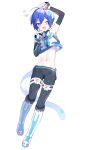  1boy androgynous arm_up armpits bare_shoulders black_pants blue_eyes blue_footwear blue_hair blue_nails boots commentary crop_top detached_sleeves double_v fang full_body heart highres kaito_(vocaloid) knee_boots male_focus midriff mogu_(wy5xrt7w) navel neko_cyber_(module) one_eye_closed open_mouth pants project_diva_(series) shadow shirt short_hair sidelocks simple_background skin_fang sleeveless sleeveless_shirt sleeves_past_wrists solo stomach tail thigh_strap two-tone_footwear v vocaloid white_background white_footwear white_tail 