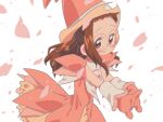  1girl blush brown_eyes brown_hair closed_mouth dress falling_petals fujiwara_hazuki glasses gloves hat highres long_hair looking_at_viewer magical_girl ojamajo_doremi orange_dress orange_gloves orange_headwear petals polyushitako round_eyewear smile solo white_background witch_hat 