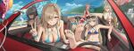  5girls absurdres ahoge akane_(blue_archive) alternate_costume aqua_bikini asuna_(blue_archive) asymmetrical_bangs beach bikini black_bikini blue_archive blue_bikini box breasts brown_shawl cleaning_&amp;_clearing_(blue_archive) cleavage collarbone commentary criss-cross_halter dark-skinned_female dark_skin fingernails gift gift_box hair_over_one_eye halo halterneck highres karin_(blue_archive) kongsi large_breasts long_bangs looking_at_viewer medium_breasts mole mole_on_breast multiple_girls nail_polish navel neru_(blue_archive) one-piece_swimsuit outdoors red_car red_one-piece_swimsuit scrunchie shawl sitting soles stomach stuffed_animal stuffed_toy swimsuit teddy_bear toes toki_(blue_archive) white_bikini wrist_scrunchie 