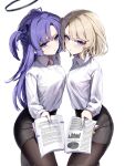 2girls absurdres azur_lane black_pantyhose black_skirt blonde_hair blue_archive blush breasts collared_shirt commission crossover halo highres holding holding_paper long_hair long_sleeves looking_at_viewer mechanical_halo medium_breasts multiple_girls pantyhose paper pencil_skirt purple_eyes purple_hair shirt short_hair simple_background skirt sstthei two_side_up white_background white_shirt yuuka_(blue_archive) z23_(azur_lane) 