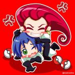  1boy 1girl blue_hair closed_eyes green_eyes happy james_(pokemon) jessie_(pokemon) one_eye_closed poke_ball pokemon red_background red_hair smile team_rocket worried 