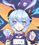  1girl animal_ears blue_eyes blue_hair candy food halloween_costume hat holding holding_candy holding_food holding_lollipop koriente light_blue_hair lollipop looking_at_viewer mel6969 open_mouth orange_background rabbit_ears rabbit_girl show_by_rock!! smile solo swirl_lollipop witch witch_hat 