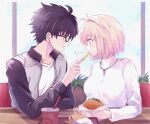  1boy 1girl antenna_hair arcueid_brunestud black_hair blonde_hair blush burger commentary_request cup disposable_cup feeding food french_fries indoors jacket jewelry long_sleeves muko_(4moiut) necklace open_clothes open_jacket open_mouth shirt short_hair sitting sweatdrop sweater tohno_shiki tsukihime tsukihime_(remake) turtleneck turtleneck_sweater upper_body white_shirt white_sweater 