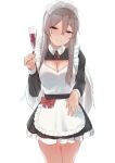  1girl alternate_costume apron black_dress breasts brown_eyes cleavage cleavage_cutout clothing_cutout commentary_request cowboy_shot cup dress drinking_glass enmaided grey_hair highres holding kantai_collection large_breasts maid maid_headdress one-hour_drawing_challenge pola_(kancolle) sakieko simple_background solo wavy_hair white_apron white_background wine_glass 