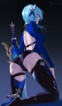  1girl artist_name ass back_cutout black_thighhighs blue_hair boots breasts closed_mouth clothing_cutout commentary eula_(genshin_impact) floating_hair from_behind genshin_impact gradient_background high_heel_boots high_heels highres holding holding_sword holding_weapon looking_to_the_side m_alexa medium_breasts nostrils partially_visible_vulva profile solo sword thigh_boots thighhighs thighs weapon 