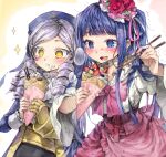  2girls :3 :t ascot banana banana_slice blue_eyes blue_hair blue_headwear blue_jacket blunt_bangs blush bow bowtie choker chopsticks colored_eyelashes commentary_request cowboy_shot crepe cross-laced_clothes cross-laced_skirt dlanor_a._knox drill_hair drooling eating eyes_visible_through_hair flower food food_on_face frilled_skirt frills fruit full_mouth furudo_erika gauntlets ghkdakrh1129 hair_flower hair_ornament hair_ribbon hat heavy_breathing highres holding holding_chopsticks holding_food jacket korean_commentary lace lace_choker light_purple_hair long_hair motion_lines multicolored_background multiple_girls parted_bangs pink_bow pink_bowtie pink_ribbon pink_skirt pocky puffy_sleeves red_flower red_rose ribbon rose shirt side-by-side sidelocks single_gauntlet skirt sleeve_cuffs sparkle star-shaped_pupils star_(symbol) strawberry sweat symbol-shaped_pupils trembling two_side_up umineko_no_naku_koro_ni whipped_cream white_ascot white_background white_ribbon white_shirt wide_sleeves yellow_background yellow_eyes 