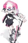  1girl absurdres arms_up asymmetrical_hair black_footwear black_jacket black_shorts closed_mouth commentary_request cross-laced_footwear dolphin_shorts earrings forehead full_body hands_on_hilt highres ink_tank_(splatoon) inkling inkling_girl jacket jewelry long_sleeves looking_at_viewer odake outstretched_arms own_hands_together pale_skin pink_hair planted pointy_ears purple_eyes shoes short_hair short_shorts shorts side_slit simple_background sketch sneakers solo splatana_wiper_(splatoon) splatoon_(series) standing tentacle_hair tentacles white_background 