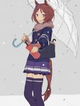  1girl animal_ears bag blue_jacket blush brown_hair feet_out_of_frame highres holding holding_umbrella horse_ears horse_girl horse_tail jacket long_sleeves looking_at_viewer mado_(71221497o) pink_eyes purple_skirt purple_thighhighs reaching reaching_towards_viewer red_shirt sakura_laurel_(umamusume) school_bag shirt short_hair skirt sleeves_past_wrists smile solo standing tail thighhighs umamusume umbrella zettai_ryouiki 