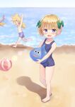  1boy 1girl 2others absurdres ball beach beachball blonde_hair blue_eyes blue_one-piece_swimsuit blue_swim_trunks blunt_bangs blurry blurry_background blush bow breasts brother_and_sister child commentary_request depth_of_field dragon dragon_kid_(dragon_quest) dragon_quest ear_piercing female_child full_body green_bow hair_bow hero&#039;s_daughter_(dq5) hero&#039;s_son_(dq5) highres male_child male_swimwear multiple_others ocean old_school_swimsuit one-piece_swimsuit outdoors paid_reward_available piercing ponytail school_swimsuit short_hair siblings slime_(creature) slime_(dragon_quest) small_breasts standing swim_trunks swimsuit tenjou_ryuka 