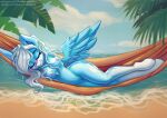  2023 anthro areola beach blue_body blue_feathers blue_fur chaosangeldesu cutie_mark digital_media_(artwork) equid equine eyes_closed fan_character feathered_wings feathers freckles fur genitals hair hasbro hooves long_hair lying mammal my_little_pony nipples pegasus pussy seaside signature solo water white_hair wings 