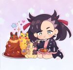  1girl black_footwear black_hair black_jacket blush commentary curry curry_rice diamond-shaped_pupils diamond_(shape) dress earrings eating eevee english_commentary eyelashes food holding holding_spoon jacket jewelry kitchupsandwich kneeling marnie_(pokemon) morpeko pikachu pink_dress plate pokemon pokemon_(creature) pokemon_(game) pokemon_swsh red_ribbon ribbon rice short_twintails solo spoon star_(sky) symbol-shaped_pupils twintails undercut 