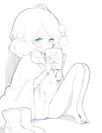  1girl ahoge barefoot blanket blue_eyes boots commentary_request cup doremi full_body holding holding_cup idolmaster idolmaster_cinderella_girls korean_commentary looking_at_viewer low_twintails medium_hair monochrome sitting sketch solo spot_color toes twintails unworn_boots yusa_kozue 