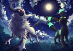  7_phi_3 absol alternate_color animal_focus black_fur claws cloud cloudy_sky commentary_request forehead_jewel horns moon night night_sky no_humans on_grass pokemon pokemon_(creature) red_eyes shiny_pokemon single_horn sky star_(sky) tail umbreon white_fur yellow_eyes 
