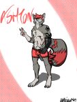  anthro arm_tattoo ashton_thatcher ashtronaut bottomwear boxers_(clothing) claws clothing fluffy fluffy_tail fur gesture green_eyes grey_body grey_fur hair hi_res male mammal pantsless piercing procyonid prosthetic prosthetic_arm prosthetic_limb raccoon red_bottomwear red_boxers red_clothing red_hair red_underwear shaded shirtless solo tail tattoo toe_claws underwear v_sign 