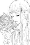  1girl babel_ii blunt_bangs bouquet closed_eyes crying flower furumi_yumiko greyscale highres holding holding_bouquet koharu_(ymnkic51) long_hair monochrome solo upper_body very_long_hair 