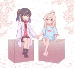  2girls ahoge barefoot black_hair cherry_blossoms flower genderswap genderswap_(mtf) hair_ornament hair_ribbon highres holding_hands labcoat long_hair multiple_girls no_pants onii-chan_wa_oshimai! oyama_mahiro oyama_mihari pink_hair ribbon shirt siblings sisters sitting skirt socks t-shirt twintails yuu_kurema 