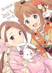  2023 2girls artist_name black_ribbon blush bow breasts brown_hair closed_mouth commentary_request demirinz dot_nose dutch_angle flower green_eyes hairband happy_new_year highres holding holding_stuffed_toy idolmaster idolmaster_(classic) idolmaster_million_live! idolmaster_million_live!_theater_days japanese_clothes kimono long_hair long_sleeves looking_at_viewer minase_iori multiple_girls obi obiage obijime open_mouth orange_bow orange_flower orange_kimono orange_ribbon pink_bow pink_eyes pink_flower pink_kimono plum_blossom_print polka_dot polka_dot_ribbon print_kimono red_flower ribbon sash simple_background small_breasts smile stuffed_animal stuffed_rabbit stuffed_toy takatsuki_yayoi twintails upper_body usa-chan_(idolmaster) white_background white_flower white_ribbon wide_sleeves yellow_bow yellow_hairband 