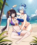  2girls @_@ absurdres aqua_(konosuba) arm_support azmi_yudista bare_arms bare_legs bare_shoulders barefoot bikini black_hair blue_bikini blue_choker blue_hair blue_sky bracelet breasts choker cleavage cloud commentary commission day english_commentary genshin_impact hair_rings halterneck highres holding implied_fingering jewelry kneeing kono_subarashii_sekai_ni_shukufuku_wo! large_breasts mona_(genshin_impact) multiple_girls navel no_headwear ocean outdoors sky stomach swimsuit thighs twintails water 