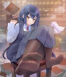 1girl blue_dress blue_hair blush book bookshelf breasts brown_pantyhose closed_mouth collared_shirt commentary_request commission convenient_leg dorsiflexion dress duster feet foot_focus foreshortening full_body hagihiyo_(hagihiyo525) hair_between_eyes hand_up highres holding holding_duster indoors knees_together_feet_apart knees_up kohinata_kuon library long_hair looking_at_viewer medium_breasts neck_ribbon no_shoes on_chair orange_eyes original pantyhose pleated_dress red_ribbon ribbon school_uniform shirt sitting skeb_commission soles solo thighs toes white_shirt 