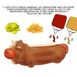  ambiguous_gender feral fluffy_pony fluffy_pony_(species) food food_creature fries hi_res hot_dog hot_dog_bun inshi ketchup mustard pickles simple_background solo spanish_text text white_background 