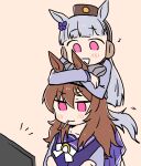  2girls :d aimai_(luckyfive) animal_ears beanie blush brown_background brown_hair brown_headwear closed_mouth ear_covers eighth_note flat_screen_tv gold_ship_(umamusume) grey_hair grey_headwear hair_between_eyes hat horse_ears horse_girl horse_tail hug hug_from_behind long_hair mini_hat mouth_hold multiple_girls musical_note nakayama_festa_(umamusume) pink_eyes pleated_skirt purple_shirt purple_skirt school_uniform shirt simple_background skirt smile tail television tracen_school_uniform umamusume very_long_hair 