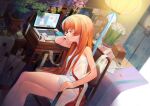  1girl absurdres bare_legs bare_shoulders bonsai book chair computer crossed_legs cup dress expressionless feet_out_of_frame flower green_tea hair_down head_rest highres holding holding_pen indoors jar kaede_(shijie_heping) lantern laptop long_hair orange_eyes orange_hair original panties pen photo_(object) profile ruler scissors scroll see-through see-through_dress shelf short_dress sitting sleeveless sleeveless_dress solo steam tea teacup teapot underwear very_long_hair white_dress white_panties 