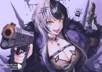  1girl 2023 artist_logo black_coat black_hair breasts cleavage coat commentary dual_wielding english_commentary english_text fur_trim gun handgun highres hiroki_ree holding holding_gun holding_weapon hololive hololive_english large_breasts long_hair long_sleeves m1911 multicolored_hair open_mouth shiori_novella solo tongue tongue_out two-tone_hair virtual_youtuber weapon white_hair yellow_eyes 