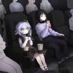  1boy 1girl alternate_costume black_hair black_pants blush bobby_socks carotinoid001 clenched_hands cup disposable_cup dress drinking_straw genshin_impact green_eyes green_hair grey_hair holding holding_cup indoors long_hair long_sleeves movie_theater multicolored_hair nahida_(genshin_impact) pants pointy_ears scaramouche_(genshin_impact) side_ponytail sitting socks twitter_username white_socks 