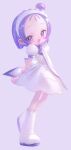  1girl absurdres arms_behind_back blush boots dress forehead grey_background hairband high_side_ponytail highres holding_own_wrist magical_girl musical_note ojamajo_doremi open_mouth puffy_short_sleeves puffy_sleeves purple_eyes purple_hair purple_ribbon ribbon segawa_onpu short_hair short_sleeves solo toiku white_dress white_footwear white_hairband 