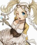  1girl ;d abinosu0903 apron blonde_hair blue_eyes corset dress fire_emblem fire_emblem_awakening highres holding holding_behind_back holding_staff lissa_(fire_emblem) long_sleeves looking_at_viewer one_eye_closed open_mouth smile solo staff teeth twintails upper_teeth_only white_apron white_background white_headdress 