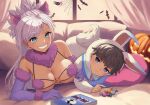  1boy 1girl age_difference animal_ear_fluff animal_ears arm_hug bare_shoulders bedroom blue_eyes blush breasts cleavage collar commentary cosplay curtains earrings elbow_gloves english_commentary fake_animal_ears fate/grand_order fate/samurai_remnant fate_(series) fur-trimmed_gloves fur_bikini fur_collar fur_trim gloves grey_hair grin halloween highres indoors jack-o&#039;-lantern jewelry large_breasts mash_kyrielight mash_kyrielight_(cosplay) mash_kyrielight_(dangerous_beast) mash_kyrielight_(dangerous_beast)_(cosplay) miyamoto_musashi_(fate) onesie purple_collar purple_gloves reijgr_(ff9999x) smile wide_ponytail wolf_ears 
