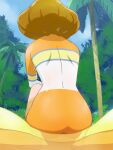  1girl ass barefoot blonde_hair bodypaint cloud from_behind full_body haruyama_kazunori long_hair naked_paint nude painted_clothes precure solo tree 