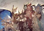  2boys 3girls abs animal_ears black_dress blonde_hair blue_eyes blue_hair book breasts brown_hair brown_jacket cat closed_eyes detached_sleeves dress ewiyar_(granblue_fantasy) extra_ears fediel_(granblue_fantasy) galleon_(granblue_fantasy) glasses granblue_fantasy grey_hair holding holding_book holding_umbrella horns jacket large_breasts long_hair lu_woh_(granblue_fantasy) multiple_boys multiple_girls muramitsu_(d3jgv) necktie orange_eyes pants pink_eyes pointy_ears red_hair red_pants short_hair simple_background topless_male umbrella wamdus_(granblue_fantasy) white_dress white_pants wilnas_(granblue_fantasy) yellow_eyes yellow_necktie 