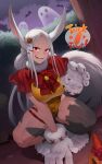  1girl absurdres animal_ears bare_shoulders bat_(animal) bell between_legs bodypaint boku_no_hero_academia bow breasts bush capelet claw_pose english_commentary english_text food-themed_hair_ornament fur_collar ghost hair_ornament hairclip halloween hand_between_legs highres koyap large_breasts leotard long_eyelashes long_hair looking_at_viewer mirko mixed-language_commentary neck_bell open_mouth orange_leotard outdoor_unit parted_bangs pentagram pumpkin pumpkin_hair_ornament rabbit_ears rabbit_girl red_bow red_capelet red_eyes smile solo speech_bubble teeth thick_thighs thighs toned very_long_hair white_hair 